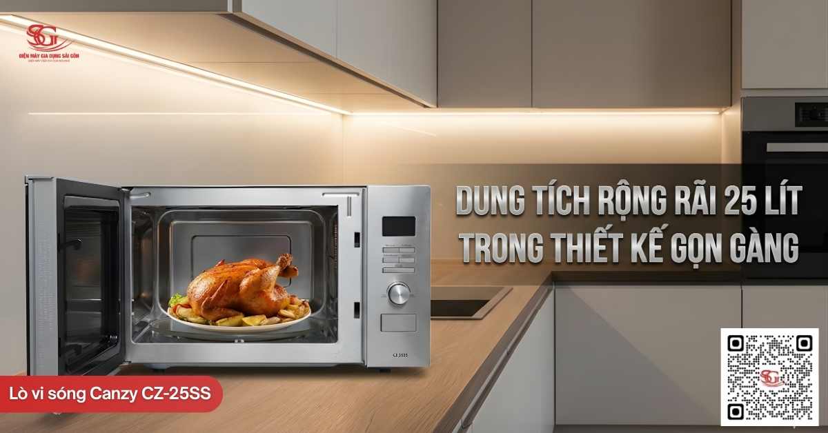 Dung tích rộng rãi 25 lít trong thiết kế gọn gàng của lò vi sóng Canzy CZ-25SS 