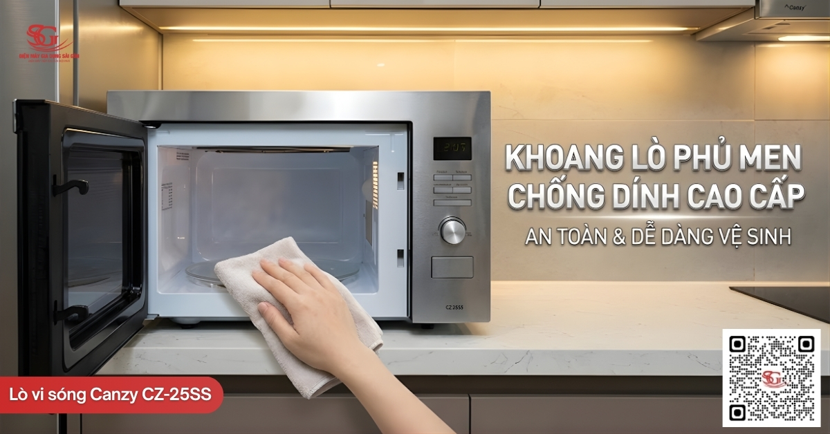 Khoang lò phủ men chống dính cao cấp, an toàn và dễ vệ sinh của lò vi sóng Canzy CZ-25SS