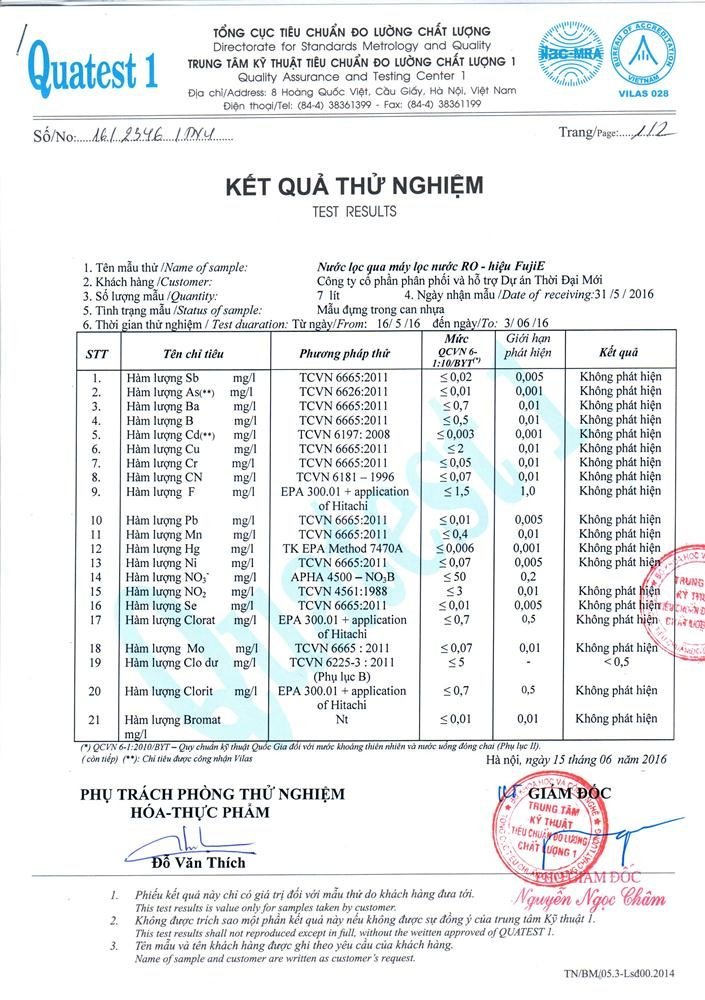 ket qua thu nghiem - Máy lọc nước tinh khiết Hydrogen FujiE RO-09B