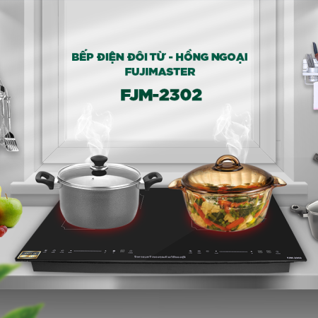 Bếp điện đôi từ - hồng ngoại Fujimaster FJM-2302 chính hãng Thái Lan đặt trong không gian bếp hiện đại cùng nồi nấu và nguyên liệu tươi ngon.