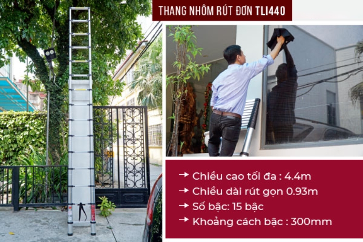 Thang nhôm rút gọn đơn FUJIHOME TLI440 đạt chiều cao tối đa