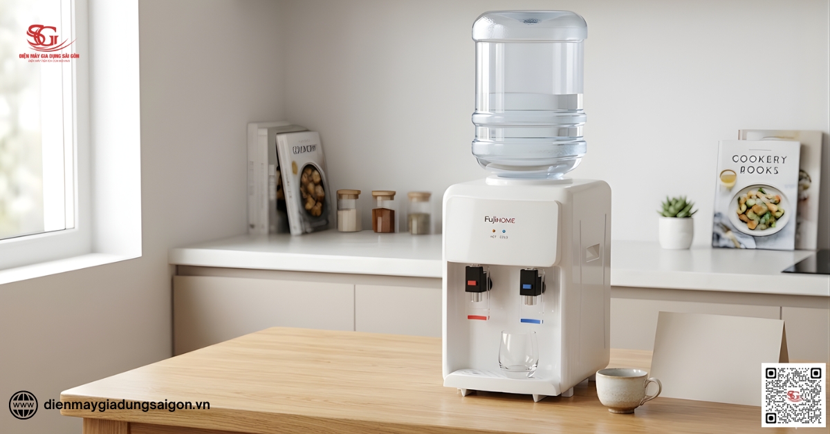 Fujihome WD201E có thiết kế bình úp màu trắng tinh tế và nhỏ gọn 