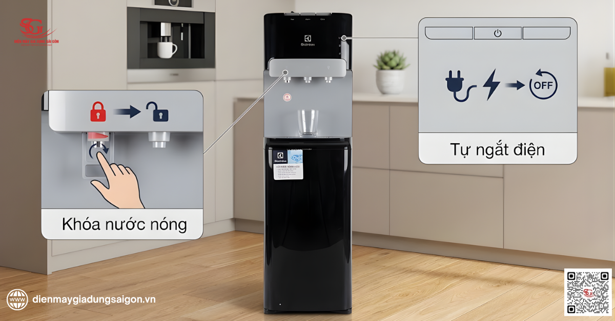 Electrolux EQAXF01BXBV tự ngắt điện và khóa vòi nước nóng