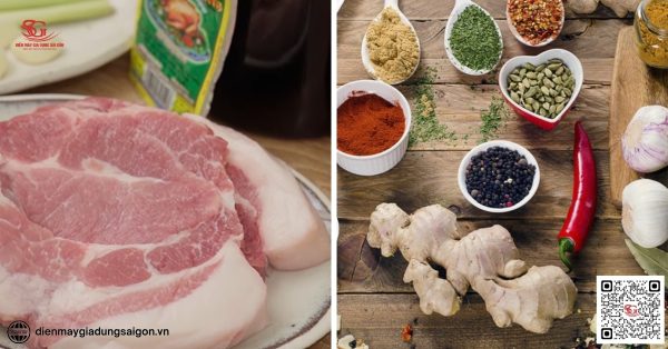 Chuẩn bị nguyên liệu và gia vị nướng thịt vai nạc bằng nồi chiên không dầu