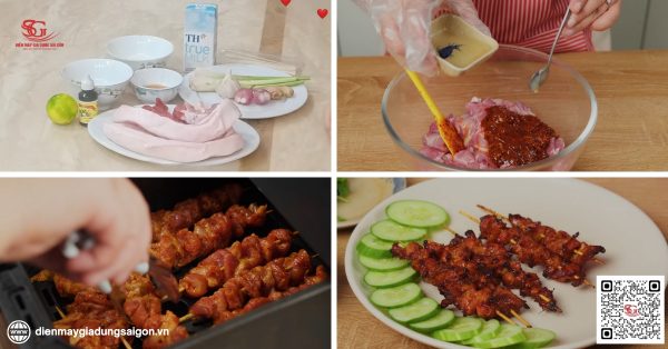 Thịt nạc vai nướng bằng nồi chiên không dầu phương pháp xiên