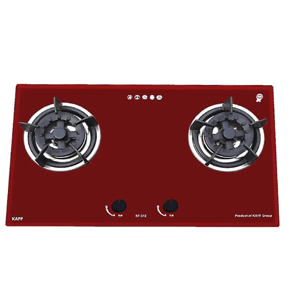 Bếp gas âm 2 lò Kaff KF-312 mặt kính cường lực màu đỏ mận kiềng gang đúc 5 chân dày dặn.