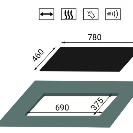 Sơ đồ kích thước mặt kính 780x460mm và kích thước khoét đá 690x375mm của bếp gas âm Kaff KF-630.