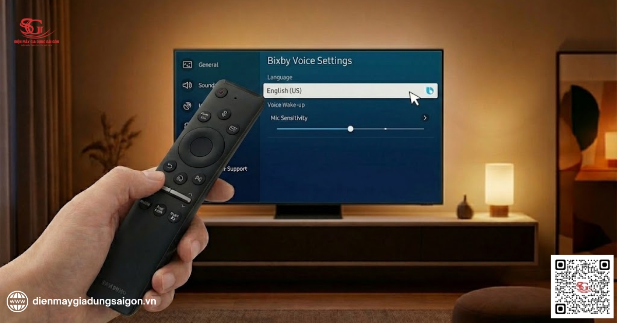 Thiết lập ngôn ngữ và độ nhạy của điều khiển giọng nói micro tivi Samsung