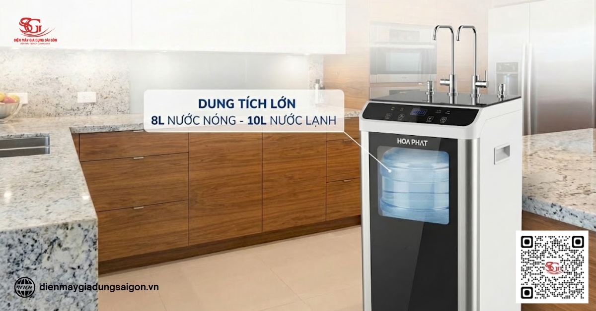 Đặc điểm nổi bật của cây lọc nước nóng lạnh Hòa Phát với dung tích bình chứa nước lớn