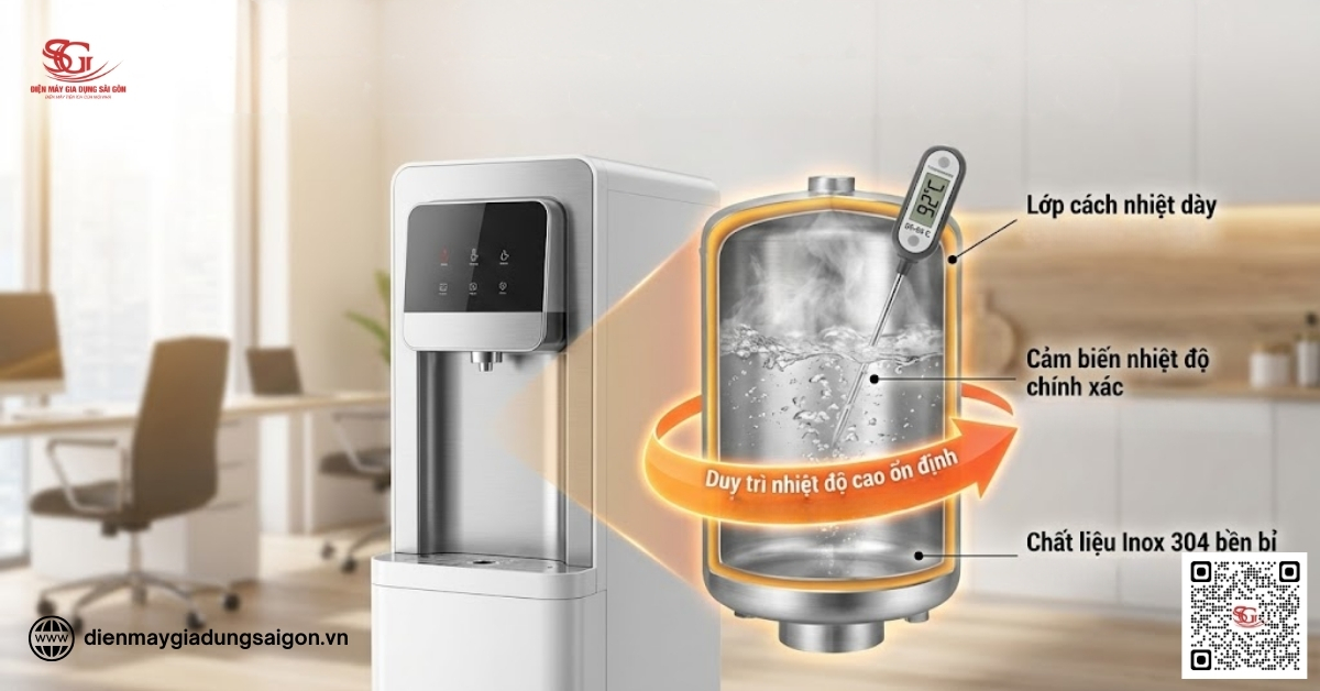 Ưu điểm nổi bật của bầu nóng cây nước nóng lạnh với việc duy trì nhiệt độ cao ổn định (85-95°C)