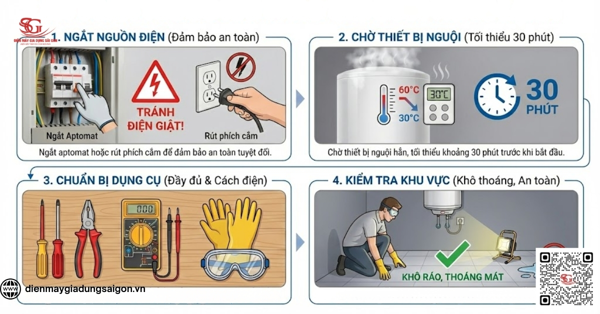 Ngắt nguồn điện và chuẩn bị dụng cụ an toàn