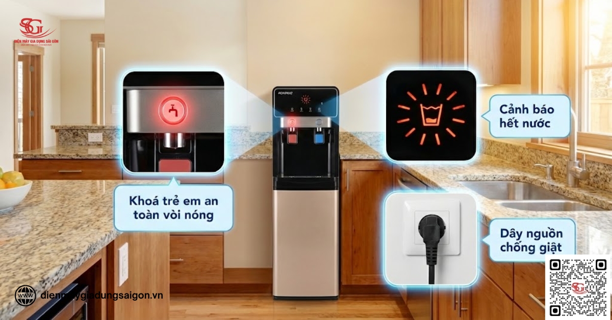 Cây lọc nước nóng lạnh Hòa Phát nổi bật với nhiều tiện ích thông minh