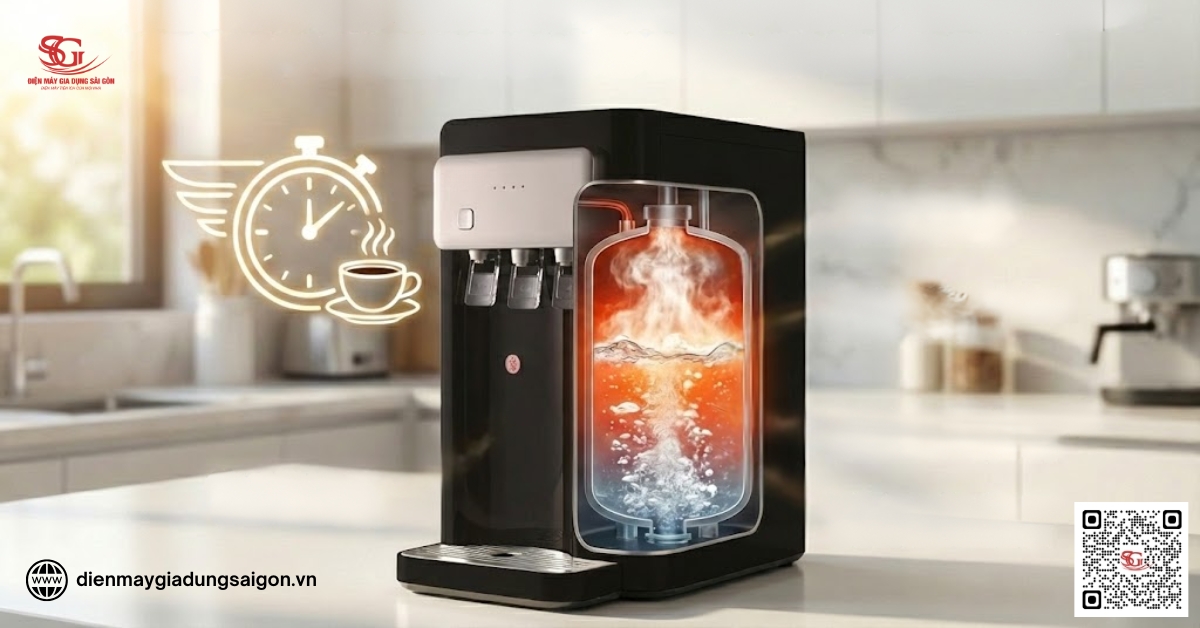 Ưu điểm nổi bật của bầu nóng cây nước nóng lạnh qua việc phục vụ nhanh nhu cầu sử dụng nước nóng