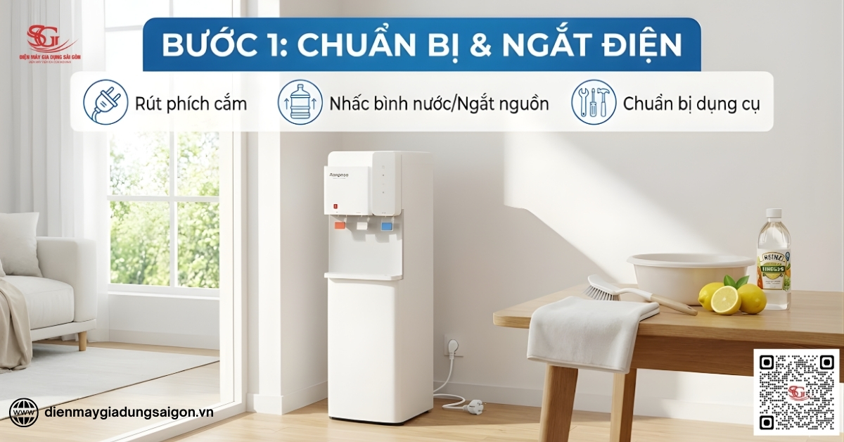 Quy trình vệ sinh cây nước nóng lạnh Kangaroo: Chuẩn bị và ngắt điện