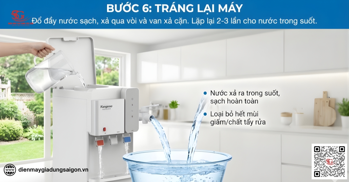 Quy trình vệ sinh cây nước nóng lạnh Kangaroo: Tráng lại máy