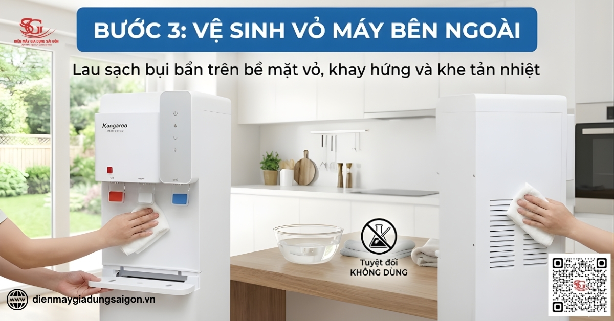 Quy trình vệ sinh cây nước nóng lạnh Kangaroo: Vệ sinh bên ngoài