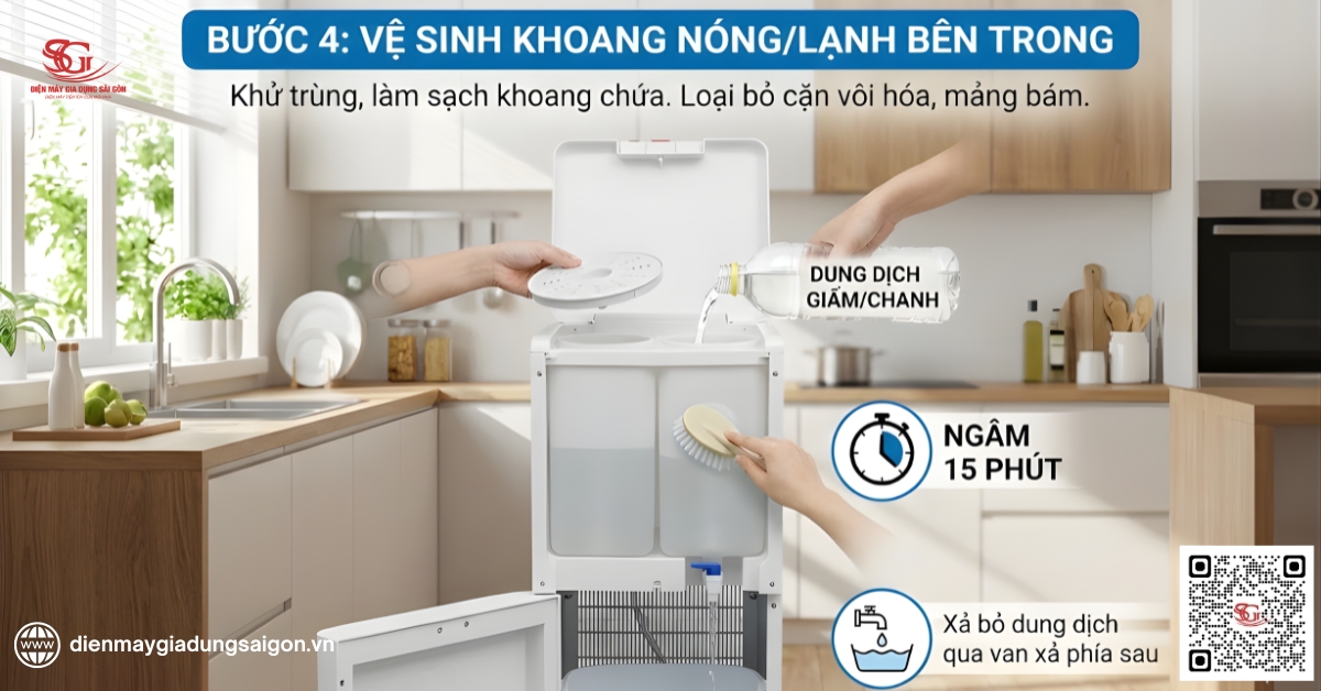 Quy trình vệ sinh cây nước nóng lạnh Kangaroo: Vệ sinh khoang nóng/lạnh bên trong