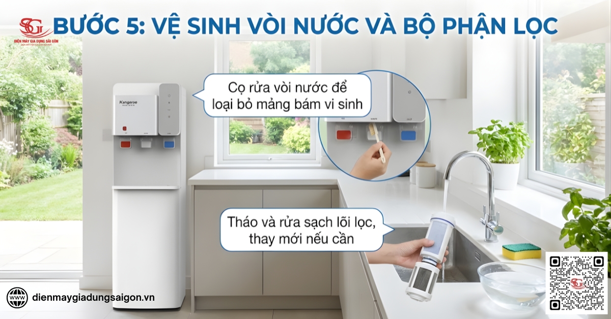 Quy trình vệ sinh cây nước nóng lạnh Kangaroo: Vệ sinh vòi nước và bộ phận lọc