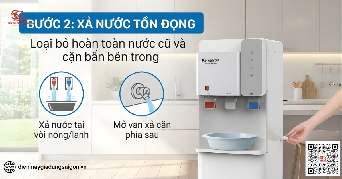 uy trình vệ sinh cây nước nóng lạnh Kangaroo: Xả nước