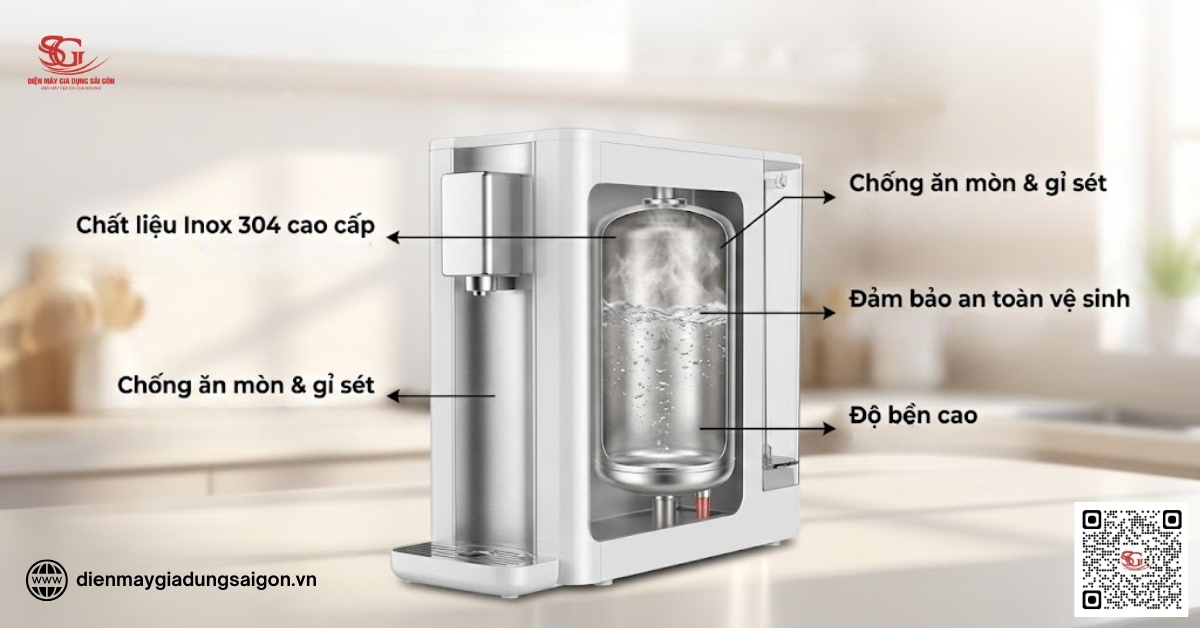 Ưu điểm nổi bật của bầu nóng cây nước nóng lạnh qua việc sử dụng chất liệu inox 304 cao cấp