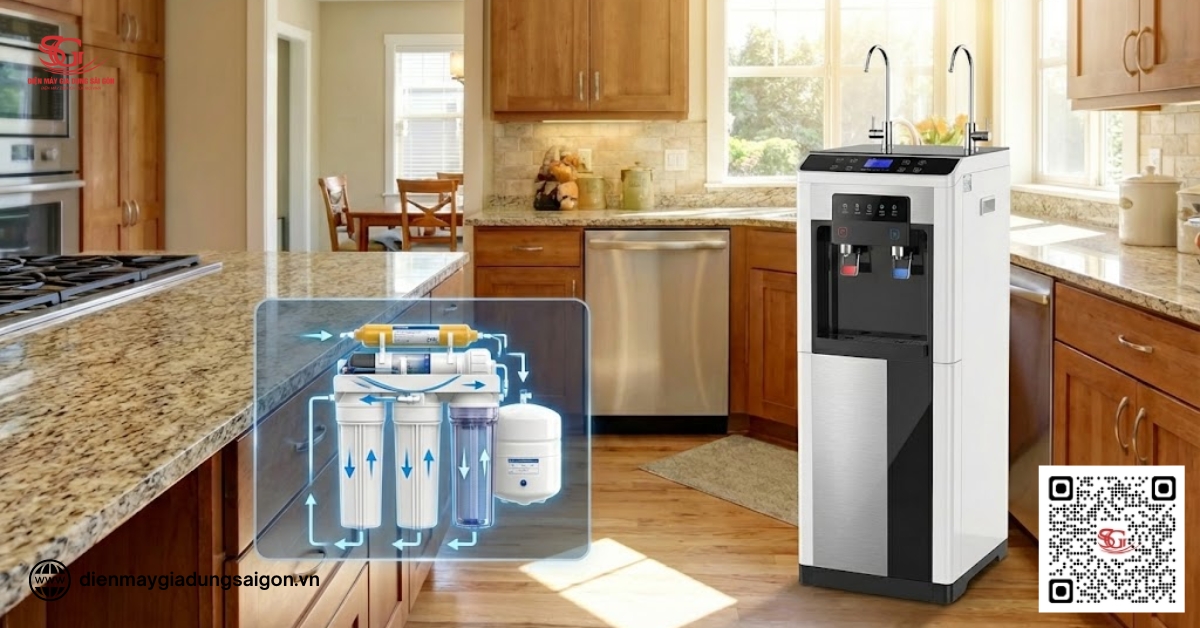 Cây lọc nước nóng lạnh Hòa Phát nổi bật khi tích hợp công nghệ lọc RO tiên tiến