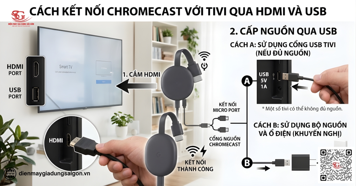 Cách kết nối Chromecast với tivi qua khe cắm USB và HDMI
