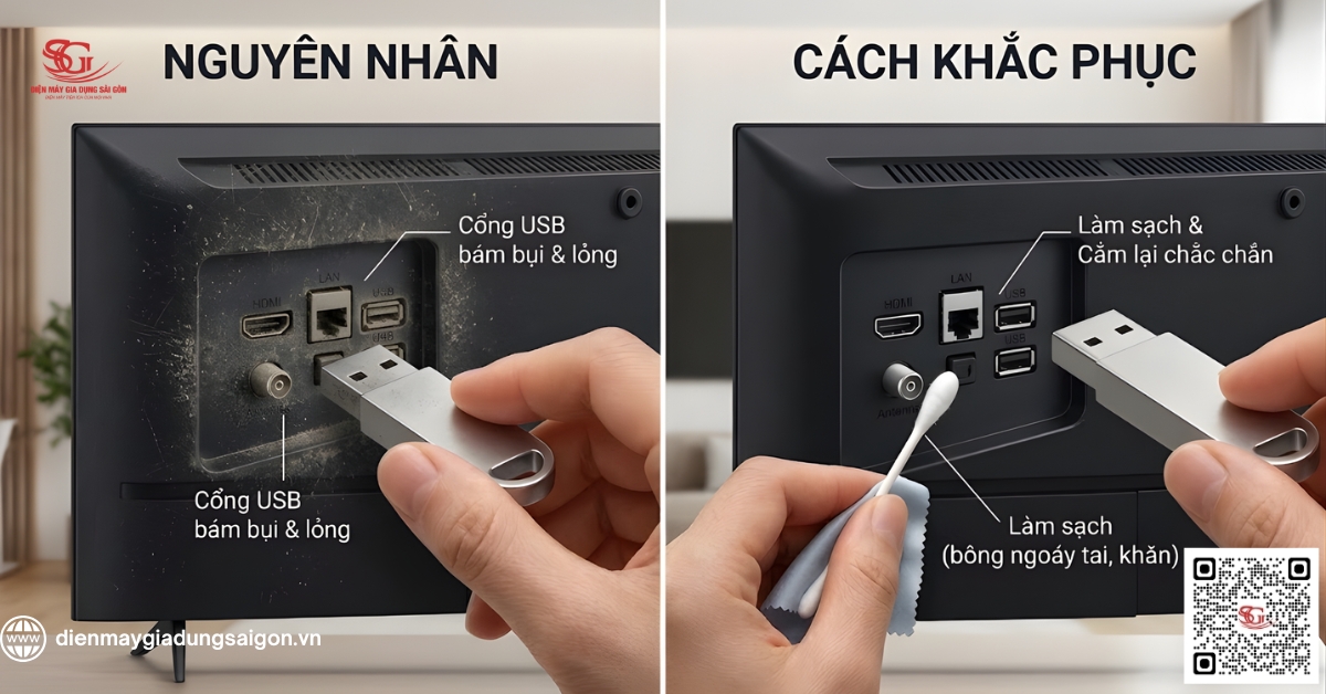 Cổng USB trên tivi bị lỏng hoặc bám bụi lâu ngày