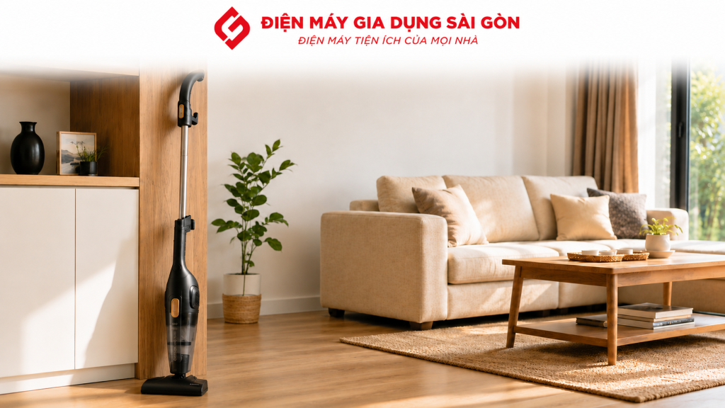 Máy hút bụi cầm tay Deerma thiết kế tối giản, gọn gàng trong phòng khách hiện đại.