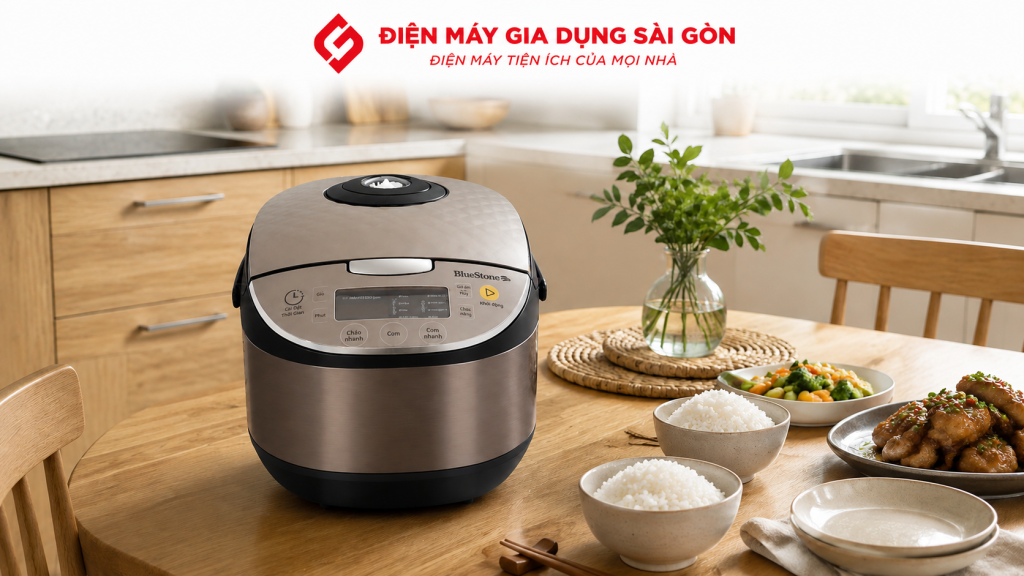 Nồi cơm điện BlueStone thiết kế hiện đại với vỏ ngoài màu bạc