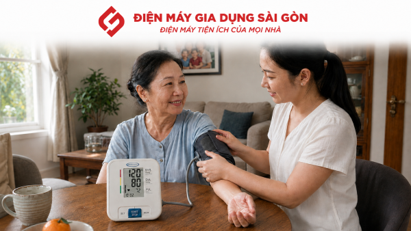 Người thân sử dụng máy đo huyết áp bắp tay Gluck Care tại nhà