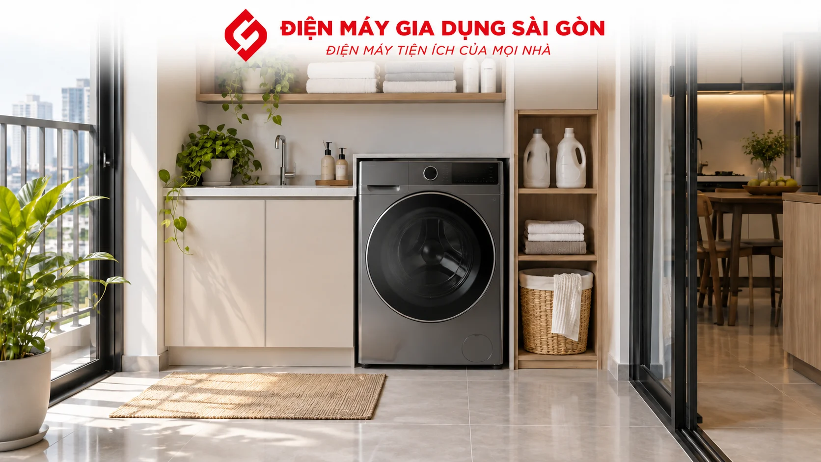 Máy giặt sấy kết hợp trong khu giặt giũ nhỏ của căn hộ hiện đại