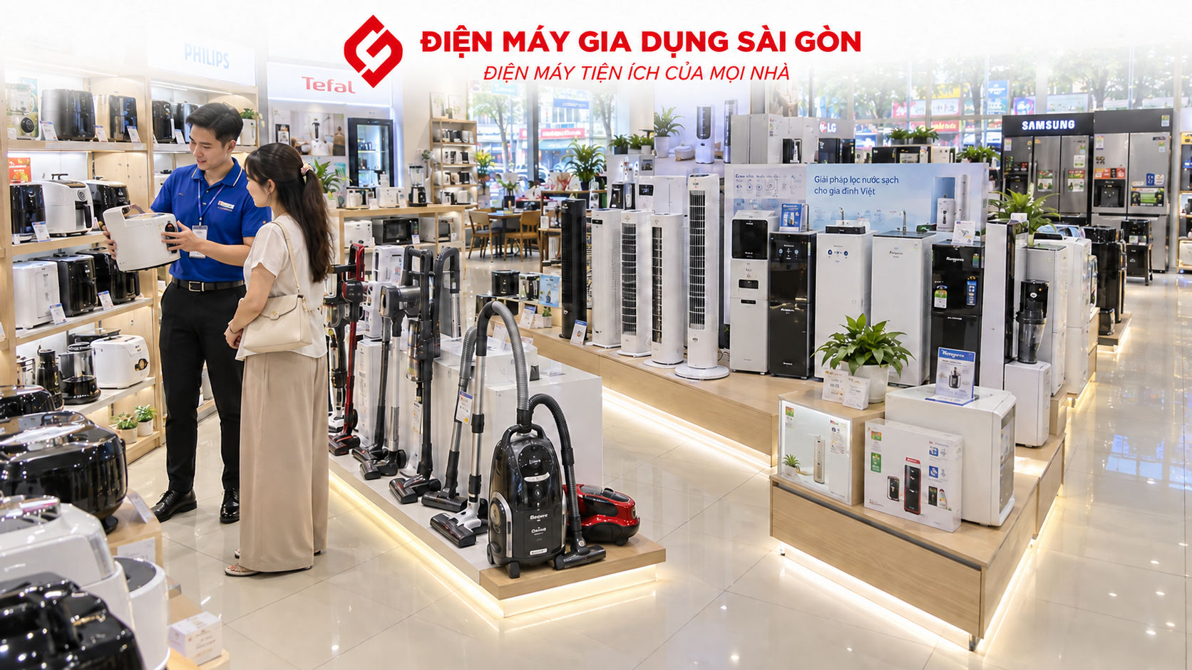 Không gian cửa hàng điện máy uy tín tại Sài Gòn với sản phẩm gia dụng chính hãng được trưng bày rõ ràng