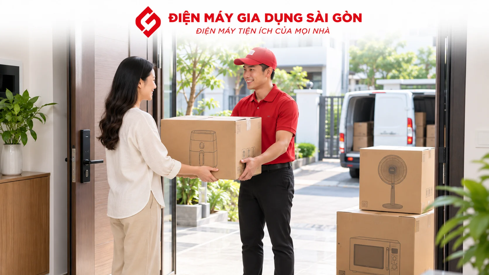 Nhân viên giao thiết bị điện máy tận nơi cho khách hàng tại nhà