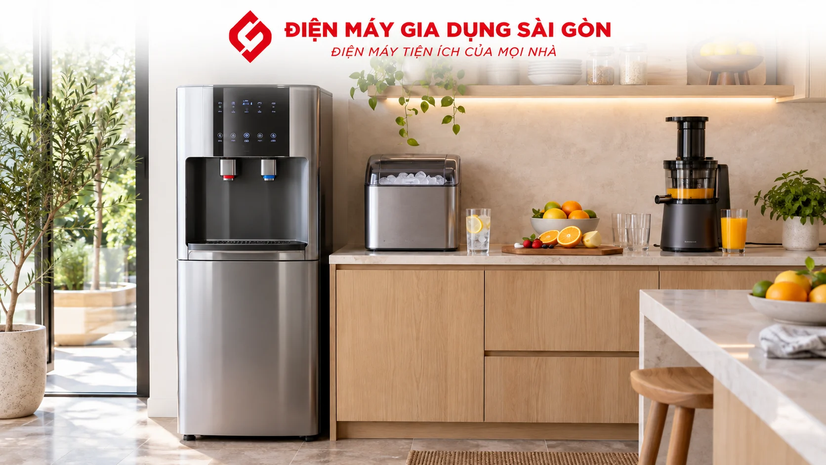 Cây nước nóng lạnh, máy làm đá và máy ép chậm trong không gian gia đình hiện đại