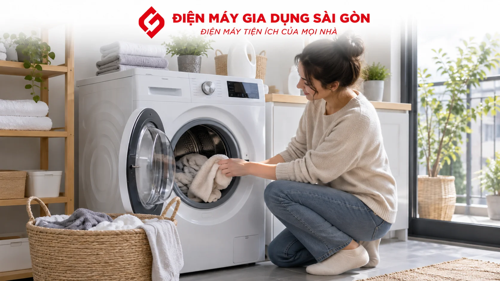 Máy giặt cửa ngang Inverter trong khu giặt giũ hiện đại của gia đình