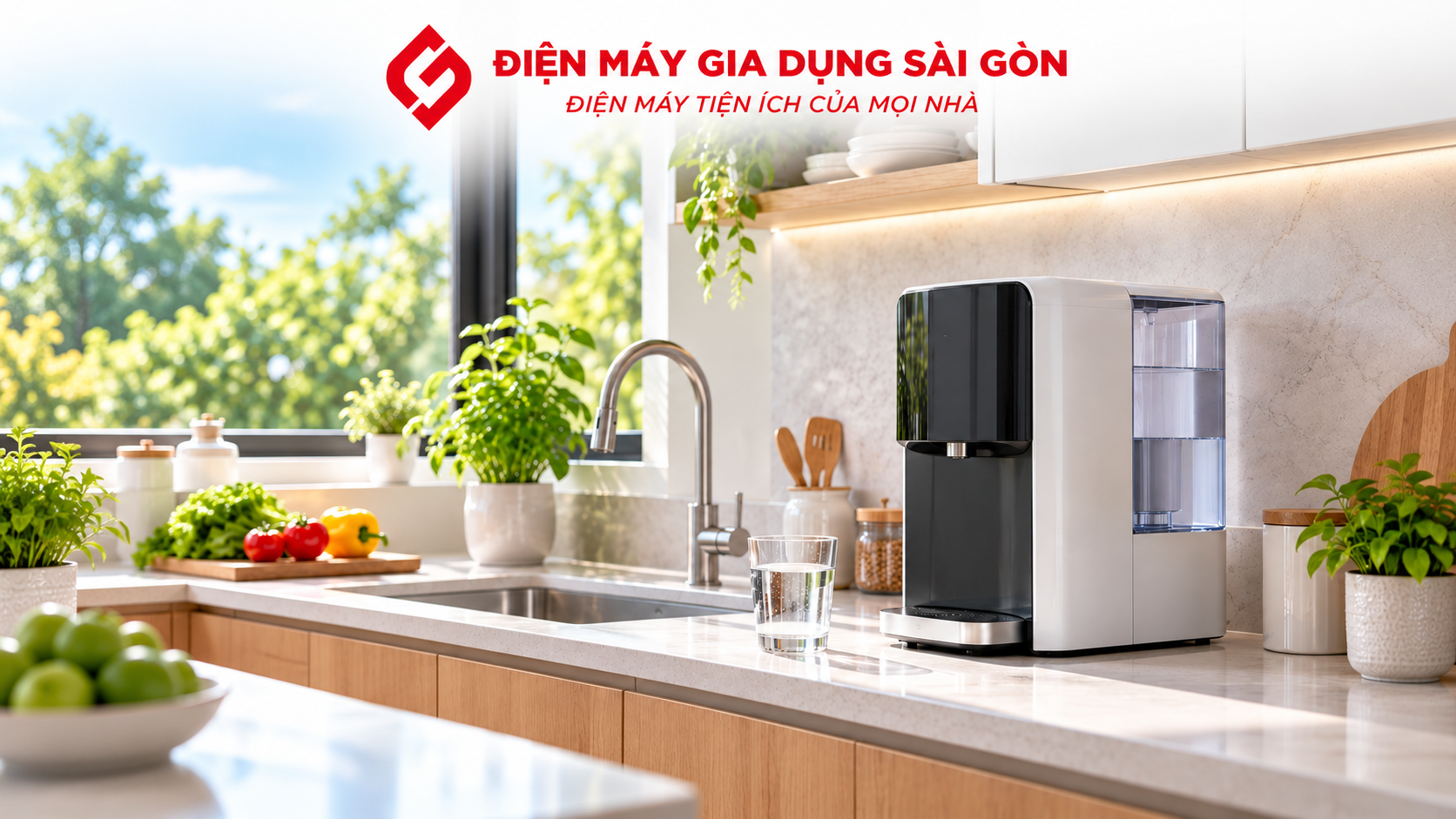 Máy lọc nước gia đình đặt trong căn bếp hiện đại với ly nước sạch và không gian sáng thoáng