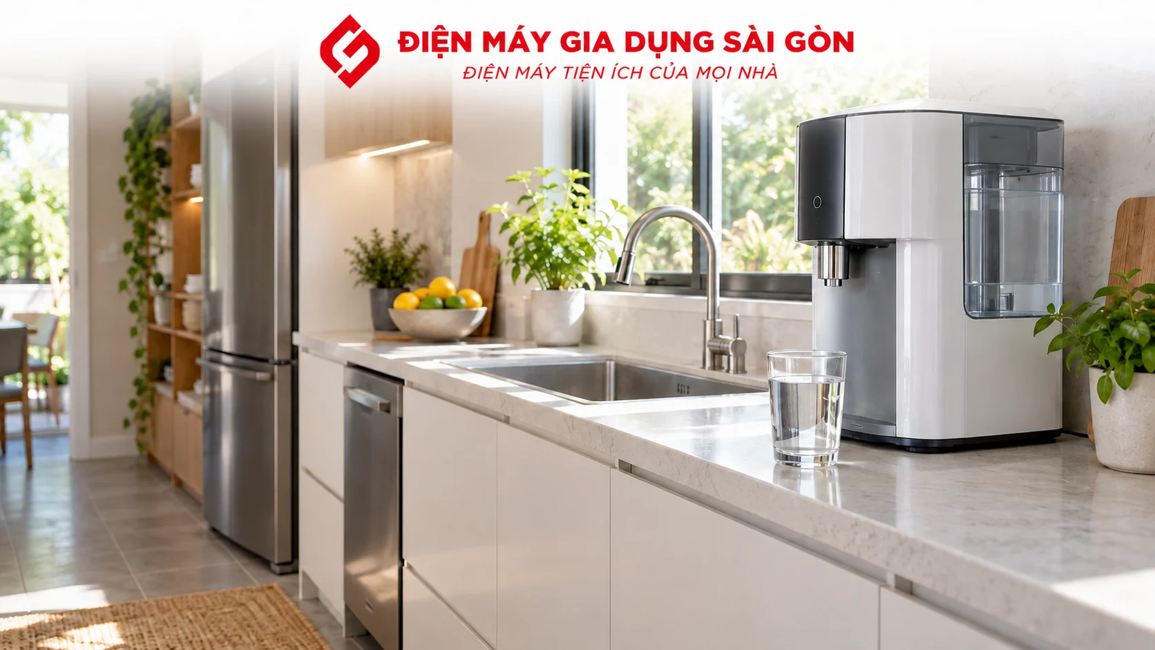 Máy lọc nước gia đình được lắp đặt trong căn bếp hiện đại với ly nước sạch