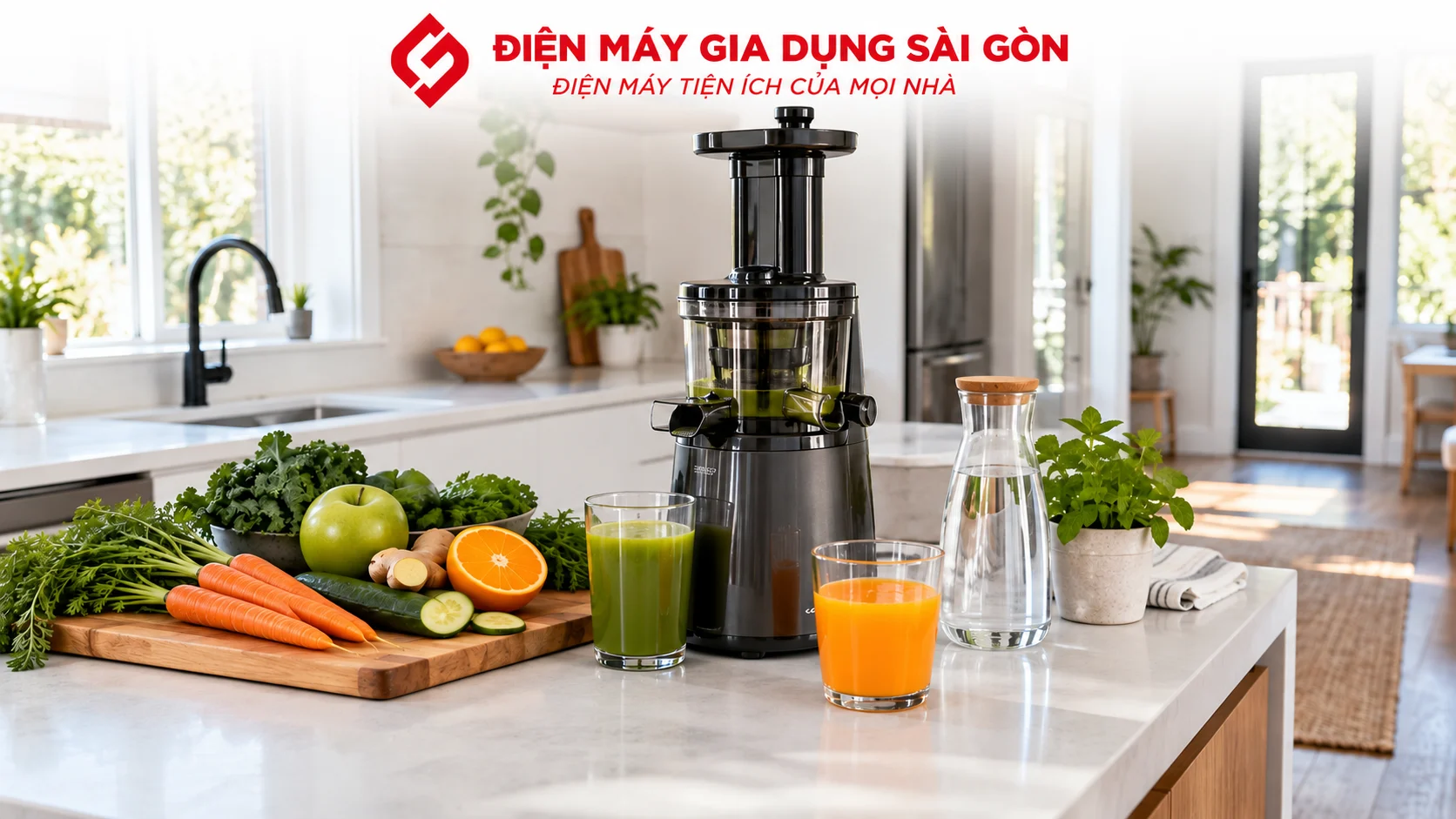 Máy ép chậm và trái cây sạch trong không gian bếp gia đình hiện đại