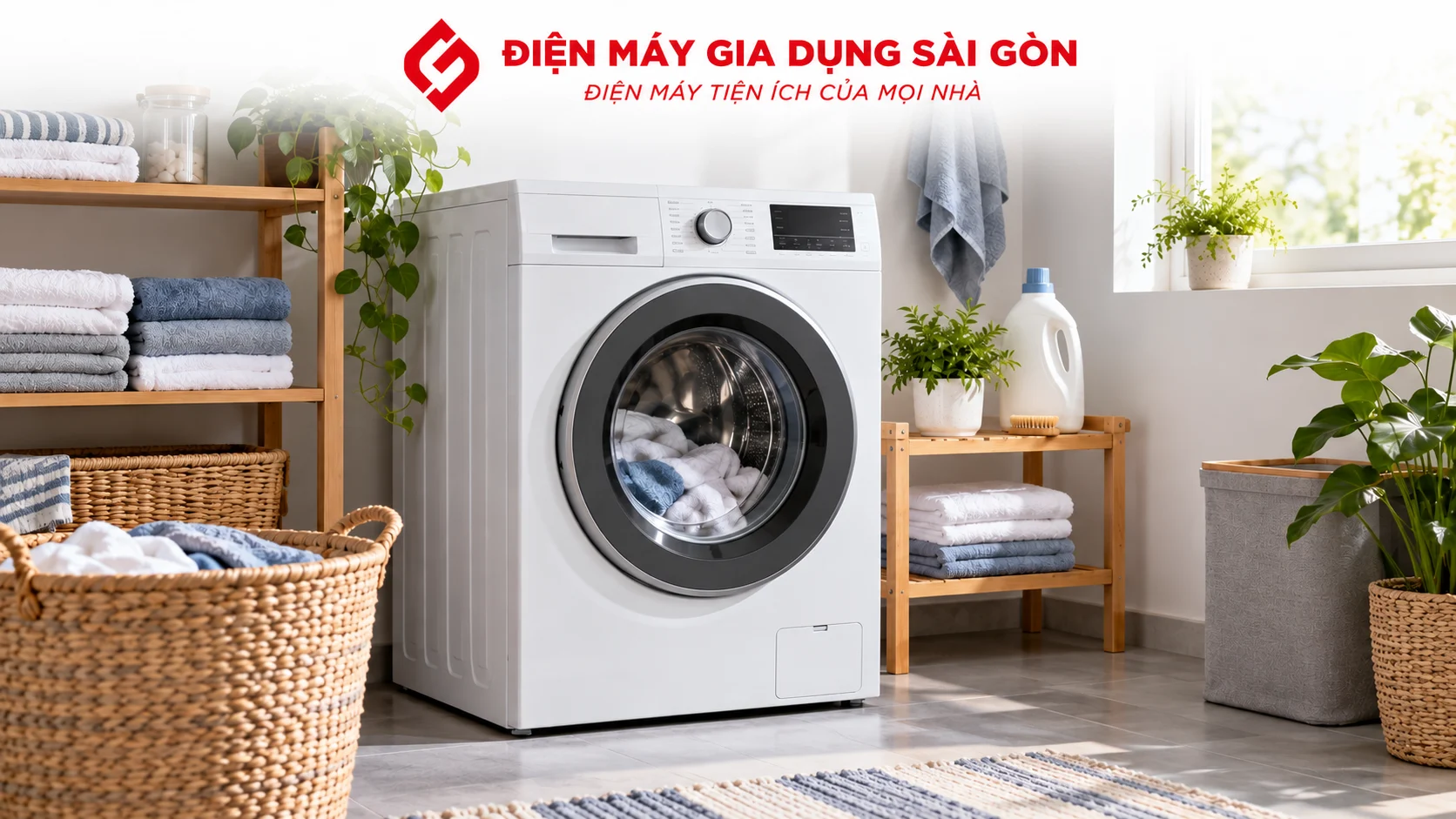 Máy giặt trong khu giặt giũ gia đình hiện đại với không gian sử dụng và vệ sinh đúng cách