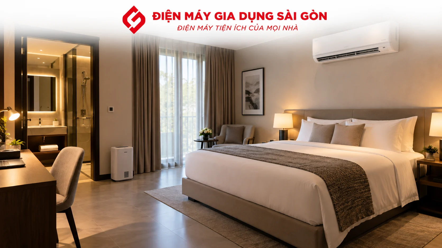 Máy lạnh và thiết bị điện máy được bố trí trong phòng khách sạn hiện đại