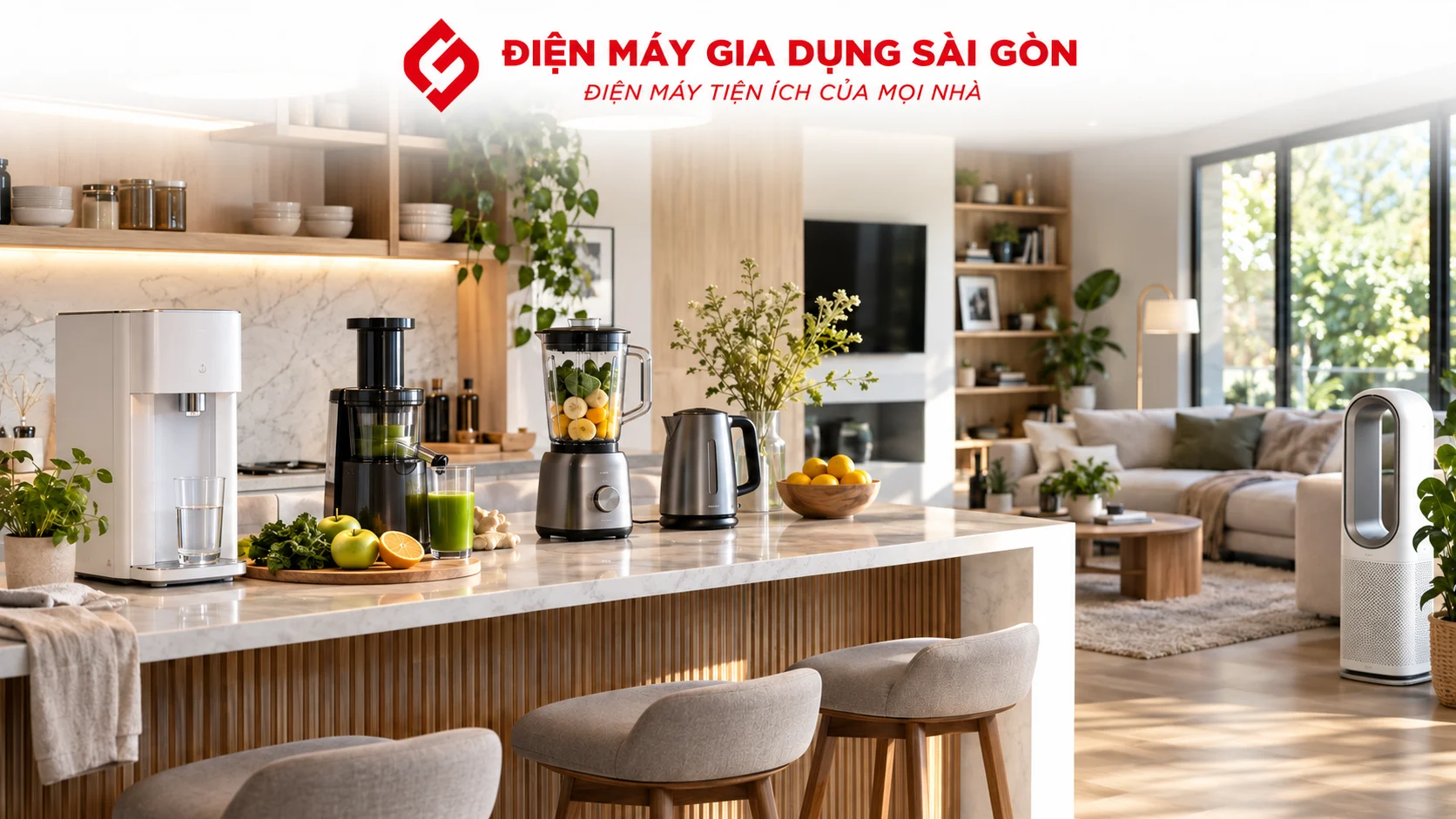 Máy lọc nước, máy ép chậm, máy xay sinh tố và máy lọc không khí trong không gian sống hiện đại