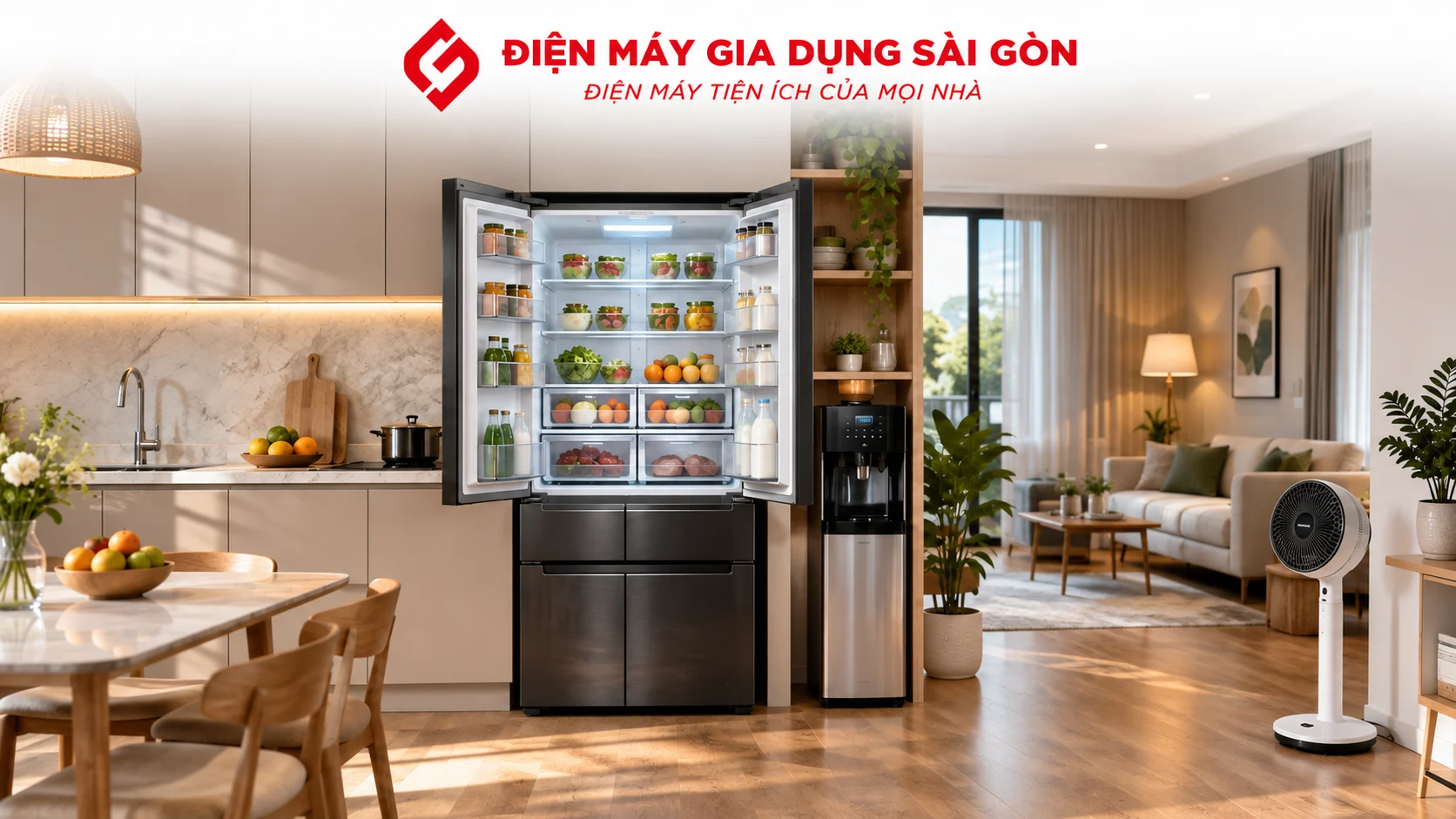 Tủ lạnh kết hợp máy lọc nước và thiết bị gia dụng thông minh trong không gian sống hiện đại