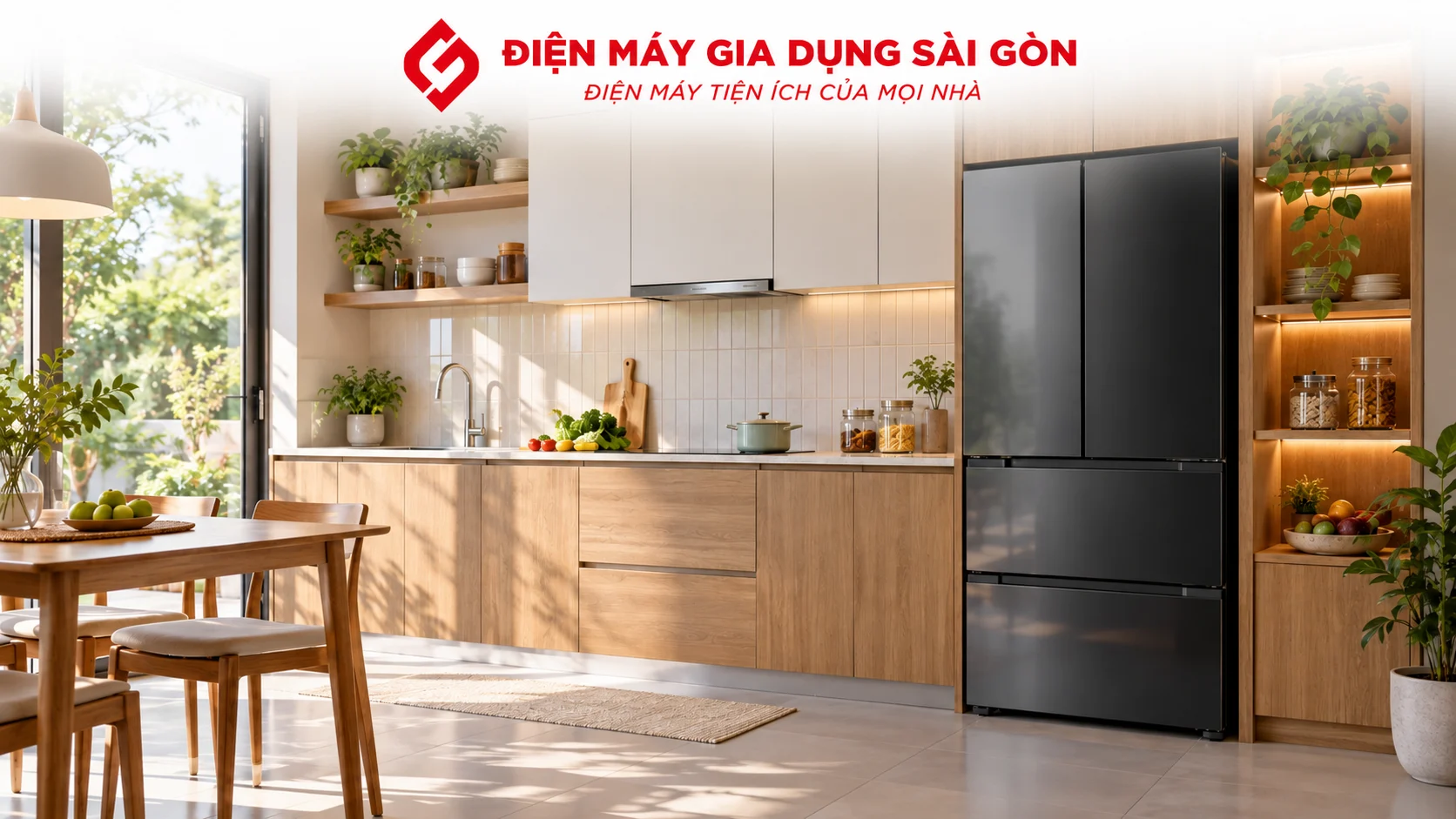 Tủ lạnh chính hãng kết hợp cây nước nóng lạnh và quạt tuần hoàn trong không gian sống hiện đại