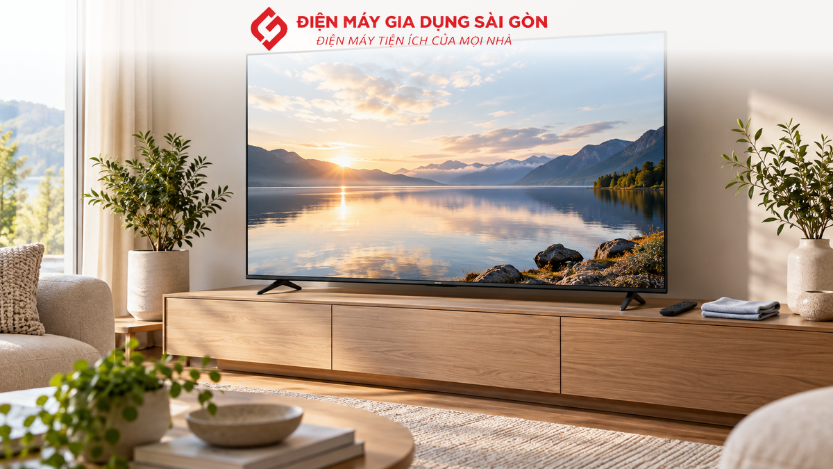 Tivi Toshiba đặt trên kệ thoáng cùng điều khiển và khăn lau mềm để minh họa cách bảo quản.
