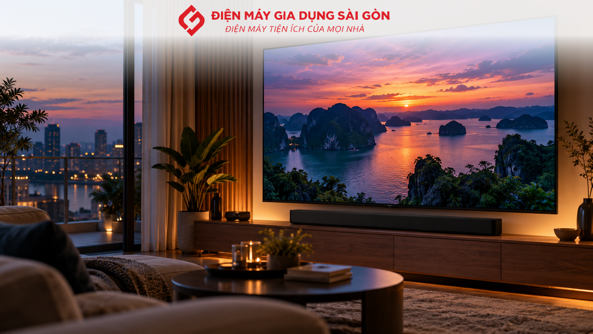 Tivi màn hình lớn được bố trí trong phòng khách gia đình