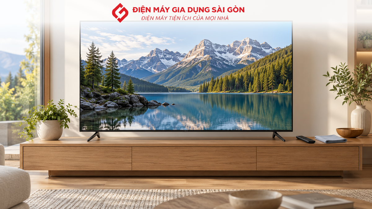 Tivi Samsung đặt trên kệ cùng điều khiển và khăn lau mềm, minh họa cách bảo quản thiết bị.