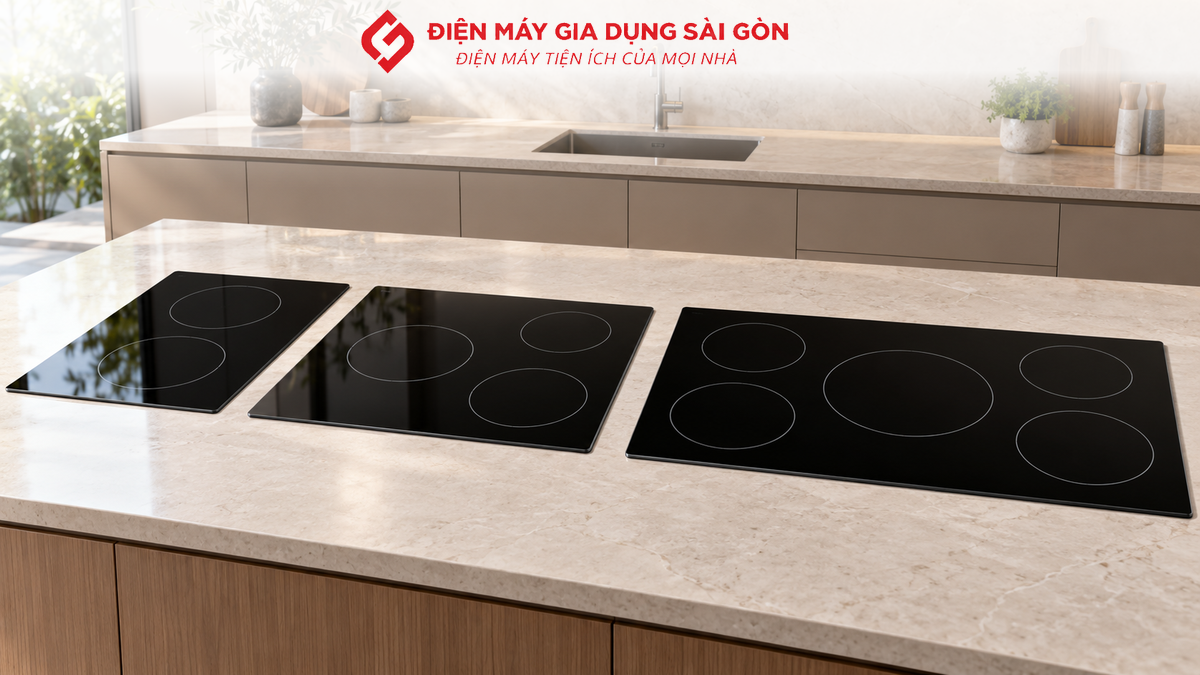 Các mẫu bếp âm có hai, ba và năm vùng nấu đặt cạnh nhau