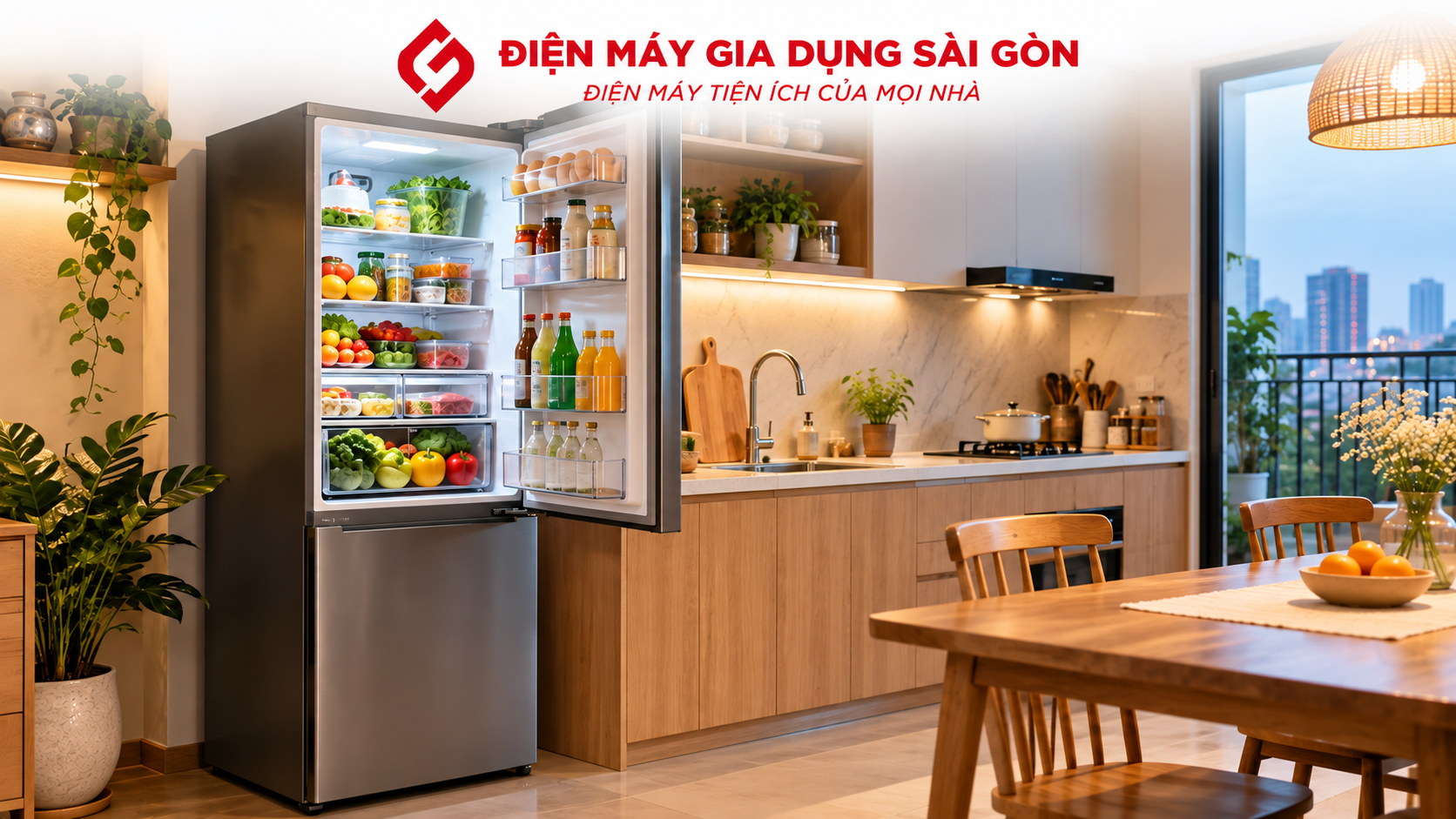 Tủ lạnh hiện đại đặt ở nơi thông thoáng với thực phẩm được sắp xếp hợp lý trong ngăn chứa