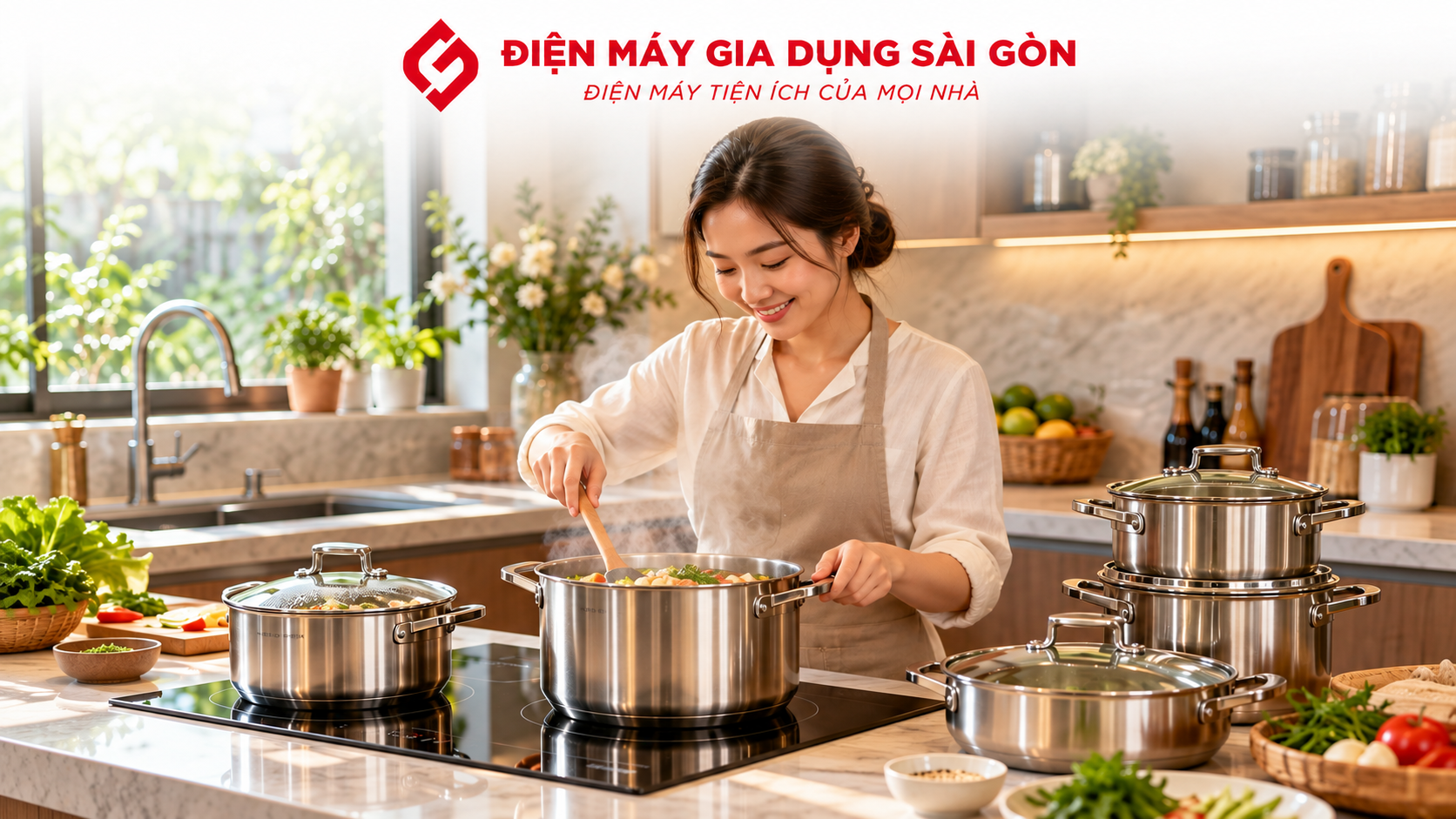 Bộ nồi inox được vệ sinh bằng khăn mềm và miếng bọt biển trong căn bếp gia đình
