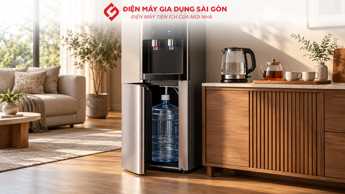 Cây nước bình âm đặt cạnh ấm trà và tách trà trong không gian gia đình.